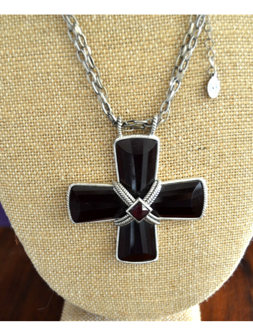 Robert Rose Silver Tone Garnet Color Glass Cross Pendant Necklace 32" Y2K